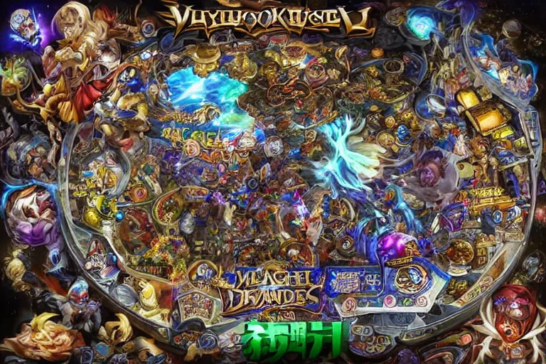 Prompt: Shadowverse, League of Legends, Mobile Legends, Maplestory, full view of a pinball machine, cosmic horror theme, intricate, detailed, realistic, 8k photo, golden Chinese text, holistic medicine advertisement, biopunk toys Made in China, slots casino mobile game emo demonic horrorcore Japanese yokai jester dollz