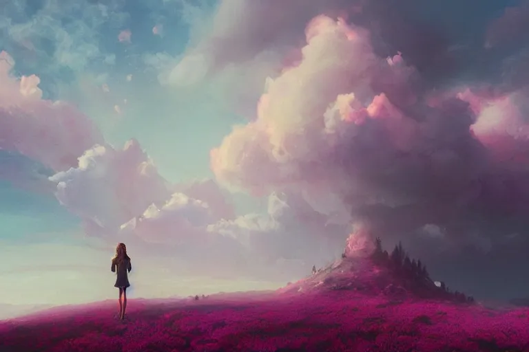 Image similar to giant pink flower as a head, girl standing on mountain, surreal photography, stars, dramatic light, impressionist painting, storm clouds, digital painting, artstation, simon stalenhag