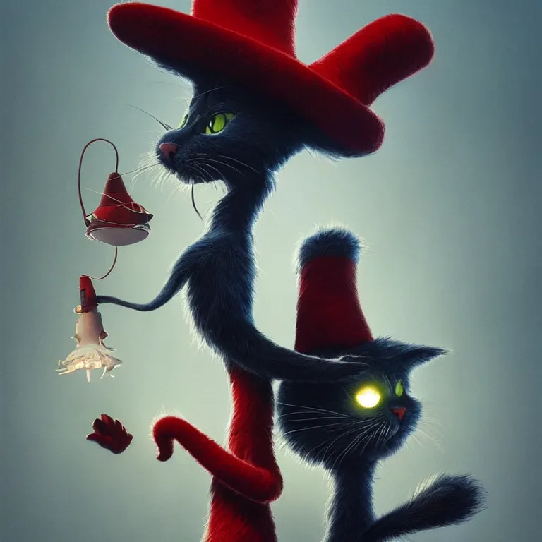 Image similar to complex 3 d render, hyper detailed, ultra sharp, of the cat in the hat, scary, cinematic, natural soft light, rim light, art by greg rutkowski and artgerm and moebius, dr seuss