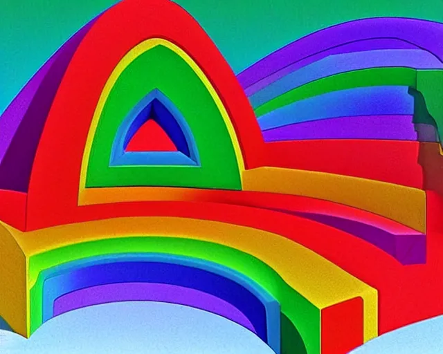 Image similar to isometric 3 d surrealist rainbow, frequencies divided as sacred geometry 3 d shapes, very surreal, by dali