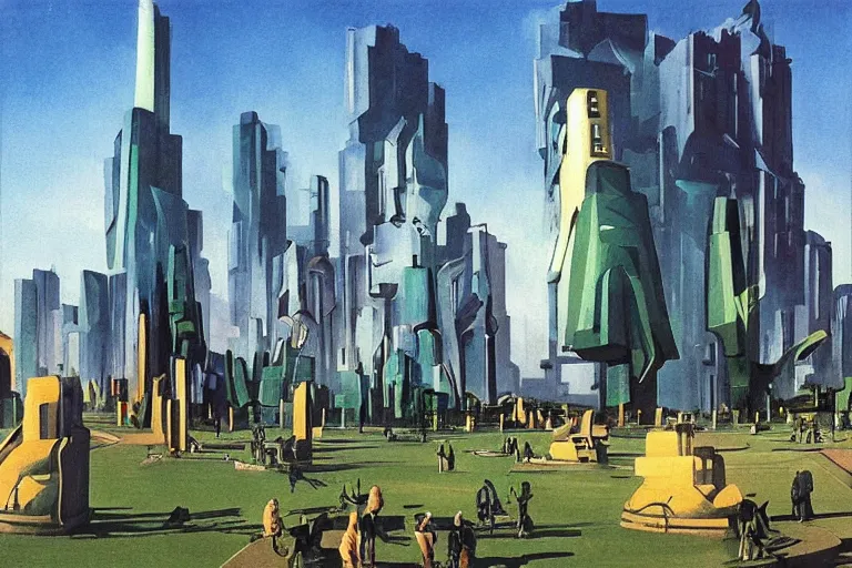 Image similar to city park surrounded by a tall defense wall. art in cyberpunk style by dali, and vincent di fate