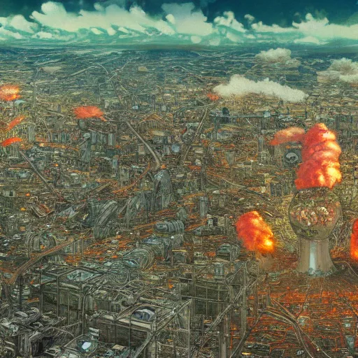 Image similar to aerial view of a nuclear explosion in the middle of a post apocalyptic city surrounded by vegetation, katsuhiro otomo, hyper detailed, 4 k