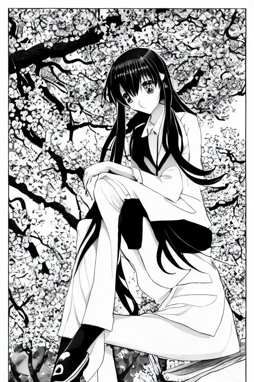 Prompt: black and white manga page, highly detailed pen, shoujo romance, two girls, first girl with long dark hair in sailor uniform, second girl with short light hair in pant suit, sitting on bench, cherry blossom tree in background with petals floating, drawn by Atsushi Ohkubo