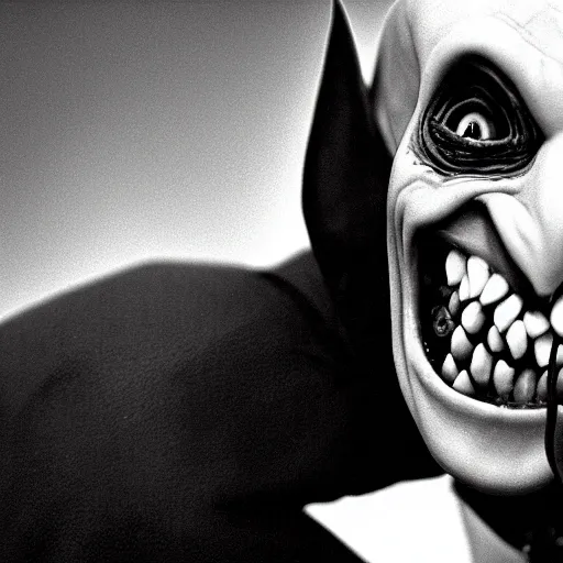 Prompt: nosferatu laughing after he's been told the funniest joke he ever heard, tears streaming from his eyes, professional photograph, black and white