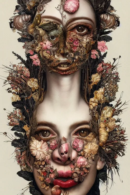 Prompt: Detailed maximalist portrait a with large lips and with large eyes, exasperated expression, fleshy botanical, high fashion, HD mixed media, 3D collage, highly detailed and intricate, surreal illustration in the style of Caravaggio and Jenny saville, dark art, baroque