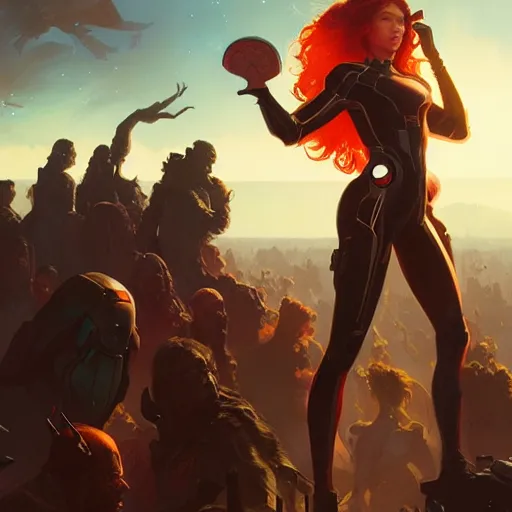 Image similar to all the avenger combined, stephen bliss, greg rutkowski, loish, rhads, beeple, makoto shinkai, tom bagshaw, alphonse mucha, sharp focus, art by artgerm and greg rutkowski, stanley kubrick, backlit, harsh overhead sunlight,