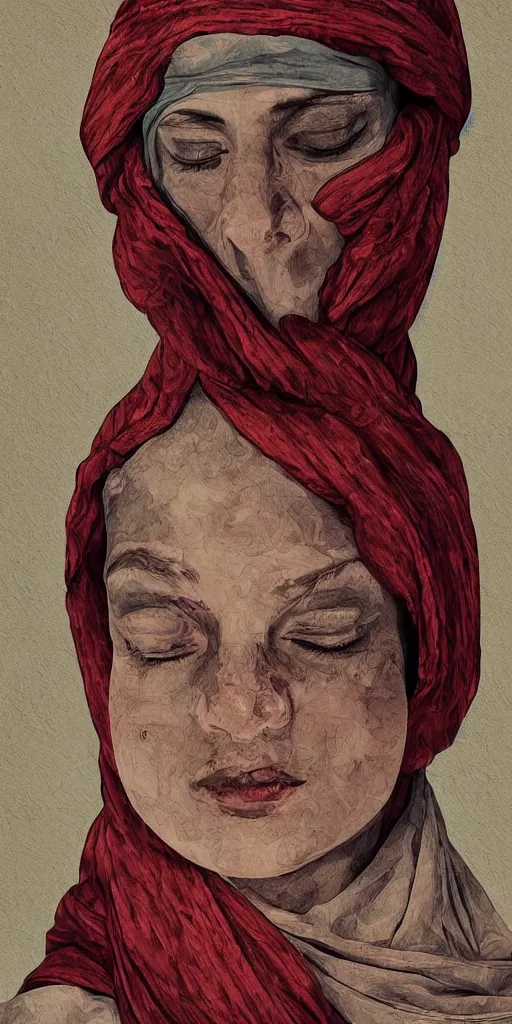 Prompt: women with cloth over her head, artistic, highly detailed, modern, digital art