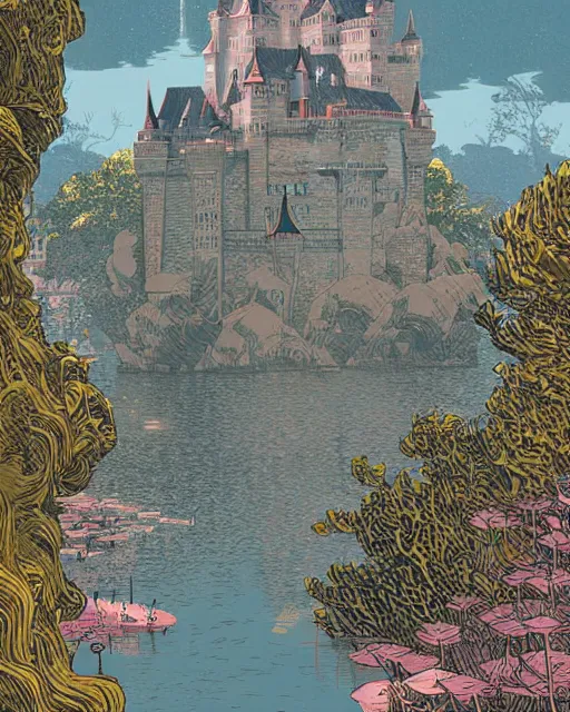 Image similar to a castle on the water, digital art, illustrated by james gurney and victo ngai