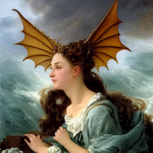 Image similar to A fantasy book style portrait painting of a dragon in a stormy sea, François Boucher, Oil Painting, unreal 5, DAZ, hyperrealistic, octane render, Regal, Refined, Detailed Digital Art, RPG portrait, William-Adolphe Bouguereau, Michael Cheval, Walt Disney (1937), Volumetric Golden dappled dynamic lighting, Highly Detailed, Cinematic Lighting, Unreal Engine, 8k, HD