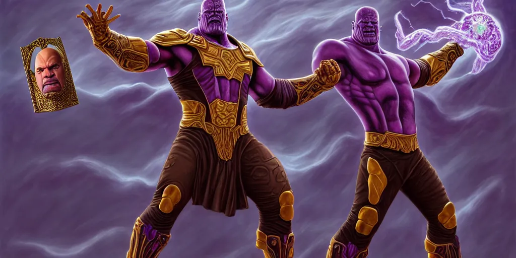 Image similar to south american thanos, as a matte oil painting and d & d character art, by alex grey, standing, fullbody, casting a magic spell, fog, concept art, award - winning, extremely detailed, sharp focus