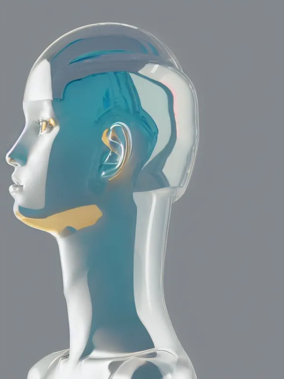 Image similar to an ultra high definition professional studio quality photograph of a transparent iridescent perspex pastel coloured face visor on a white sculpture of a human form in an empty white room. dramatic lighting, ray tracing, refraction, shallow d. o. f, colour corrected, golden ratio, three point light. volumetric shadows. light rays.