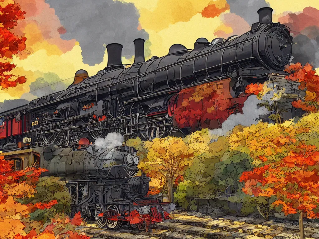 Image similar to cross - section close - up view of a steam anime train, autumn light, colorful, smoke, beautiful, by studio ghibli, digital art, concept art, sharp focus, illustration