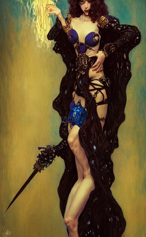 Image similar to full length portrait of a woman who is a hybrid of cookie monster and taylor swift, sorcereress using dark seduction magic, d & d, medieval, fantasy, royo, klimt, miro, vallejo, frazetta, alphonse mucha, greg rutkowski, whealan