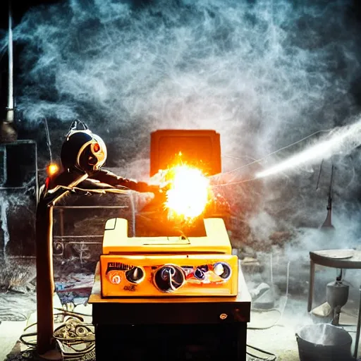 Image similar to cyborg toaster oven repairman, dark messy smoke - filled cluttered workshop, dark, dramatic lighting, orange tint, sparks, plasma rays, cinematic, highly detailed, sci - fi, futuristic, movie still, rule of thirds composition