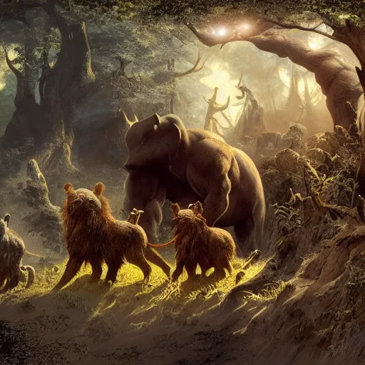 Image similar to eternal friendship and rest of the animals of the forest by Frank Frazetta, dynamic lighting, cinematic, establishing shot, extremely high detail, shining, intricate line drawings, 8k resolution