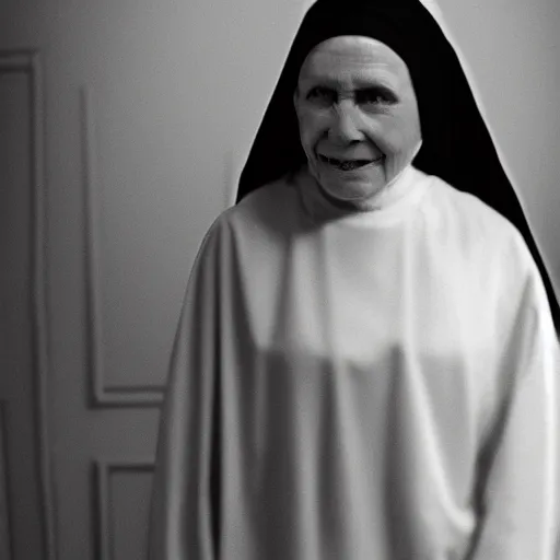 Prompt: old realistic lost black and white photo of a nun in the briarcliff manor asylum, hyper realistic