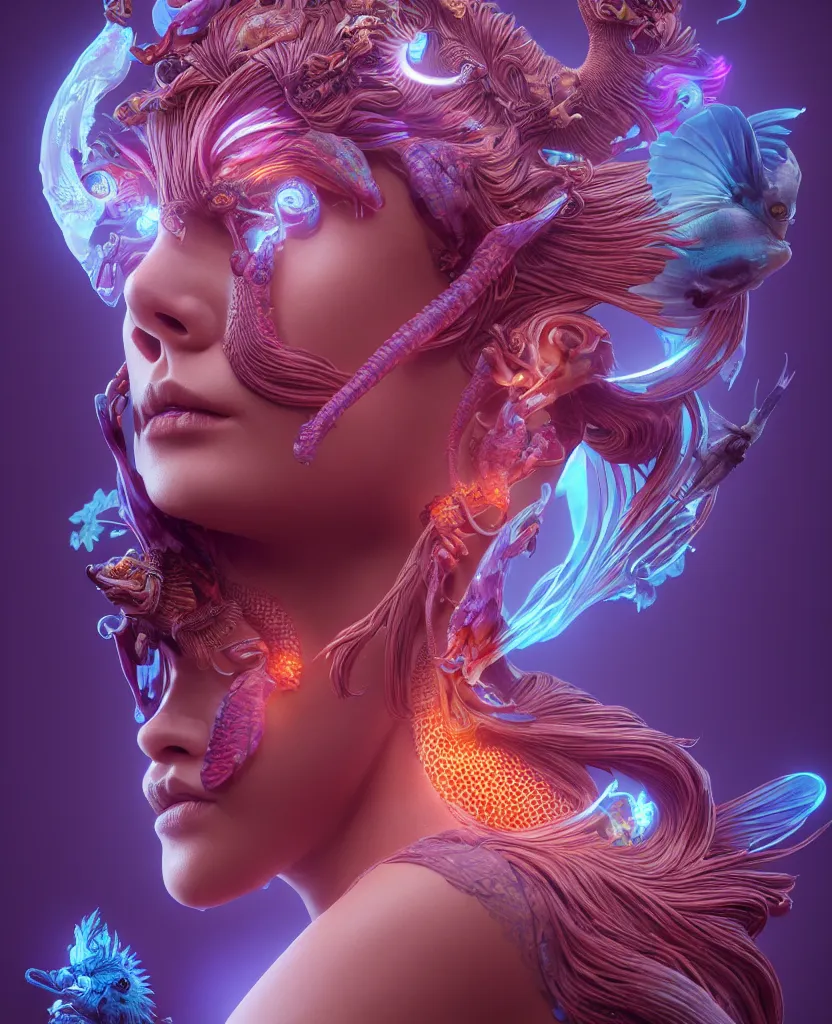 Image similar to goddess close-up portrait. orchid bird phoenix head, nautilus, skull, betta fish, bioluminiscent creatures, intricate artwork by Tooth Wu and wlop and beeple. octane render, trending on artstation, greg rutkowski very coherent symmetrical artwork. cinematic, hyper realism, high detail, octane render, 8k