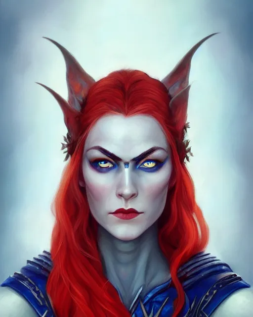 Image similar to A detailed matte oil on canvas head on symmetrical portrait of a distinguished elven woman with a blue eye and a red eye, and red and blue hair by Charlie bowater and lise deharme wlop, trending on artstationhd, dungeons and dragons art critical role