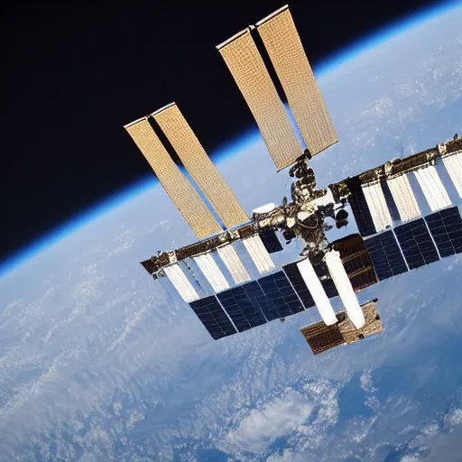 Prompt: A beautiful photograph of a spacecraft or space station in Earth's orbit. The space station has a large, central cylindrical section with several smaller attached modules. There are numerous antennae, dishes, and other communications equipment on the station, as well as a few large windows. There appear to be several people inside the station, working at various consoles and terminals. embroidery by Ralph McQuarrie, by Pete Turner sad