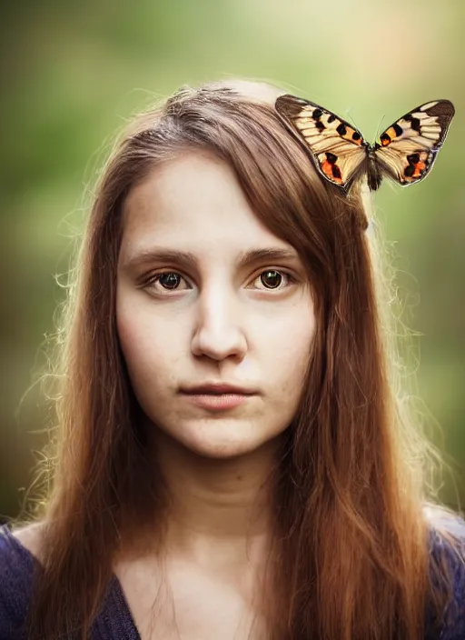 Prompt: portrait of a 2 3 year old woman, symmetrical face, birds and many butterflies in her hair, she has the beautiful calm face of her mother, slightly smiling, ambient light