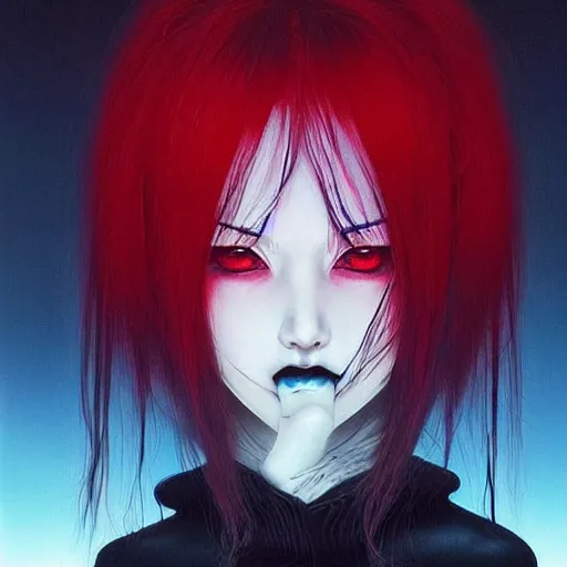 Prompt: beautiful! beautiful! aesthetically pleasing! portrait of an anime goth clowngirl, painted by ilya kuvshinov!!! and zdzislaw beksinski