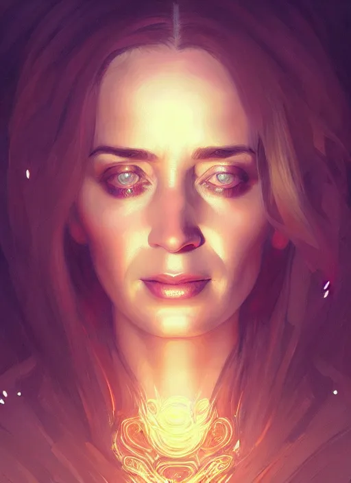 Image similar to portrait of emily blunt, intricate, elegant, glowing lights, highly detailed, digital painting, artstation, glamor pose, concept art, smooth, sharp focus, illustration, art by wlop, alphonse mucha and craig mullins