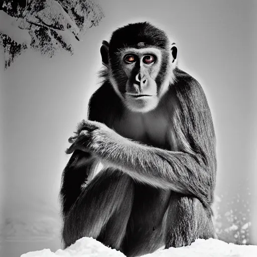 Prompt: Award winning photograph of a gigantic ancient monkey emerging from the snow to destroy time. Vintage large format film photograph