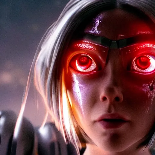 Image similar to Billie Eilish as Alita in Alita:Battle Angel, Film Still, 35mm dramatic lighting, cinematic, deep focus, styleframe,