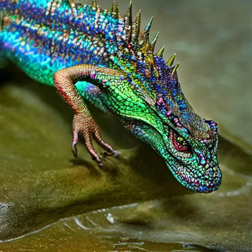 Prompt: “an iridescent basilisk emerging from a muddy swamp, scaring off nearby invaders”