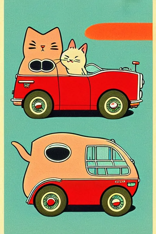 Prompt: by richard scarry. a cat shaped car. a 1 9 5 0 s retro illustration. studio ghibli. muted colors, detailed