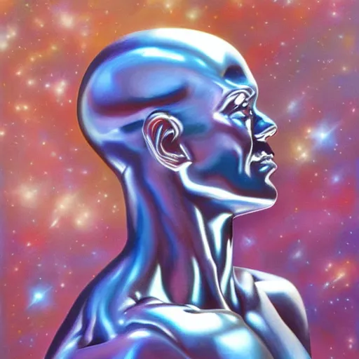 Prompt: photorealistic, hyperdetailed, oil painting, of a silver, silver surfer, space, by hajime sorayama