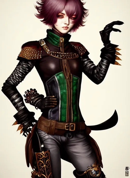 Prompt: rogue, fantasy ornate leather bandit outfit!!! beautiful and athletic short hair female!! gorgeous face and eyes!! character concept art, sharp focus, octane render! unreal engine 5! highly rendered!! trending on artstation!! detailed linework!! illustration by chie yoshii, artgerm, and wlop