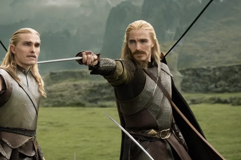 Prompt: film still of Christian Bale as Legolas in The Two Towers movie, 4k