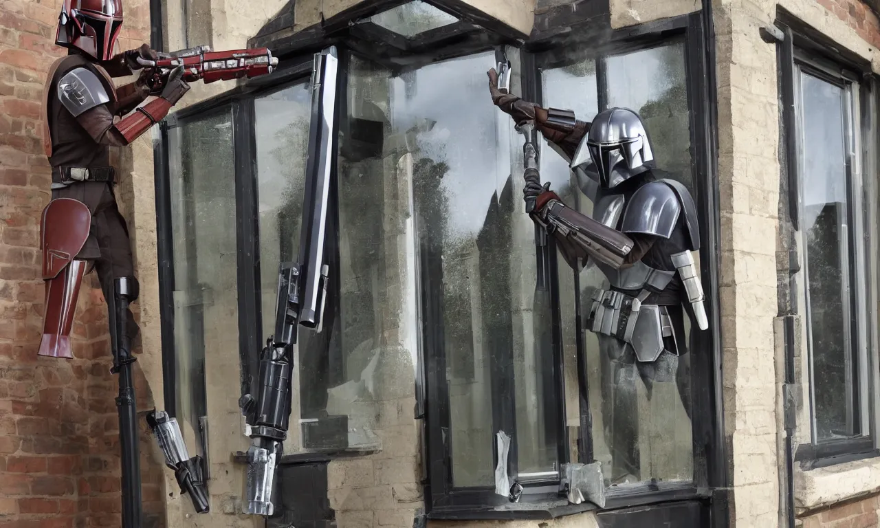 Prompt: one single mandalorian dismantling sash window in England with a lightsaber