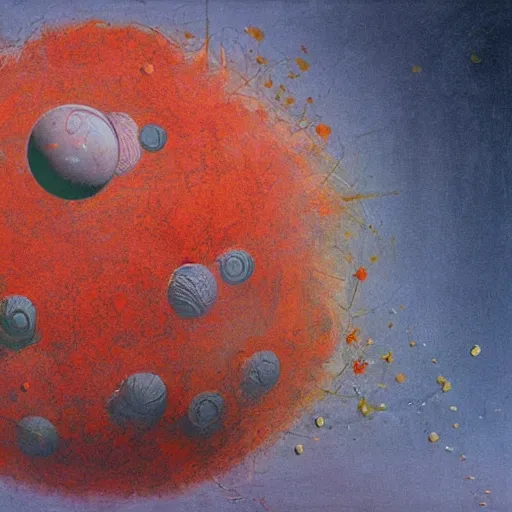 Image similar to a sphere being devoured by abstract splatters of paint in the style of francis bacon, venus being engulfed in flames in the style of james jean, surreal, beksinski, high detailed