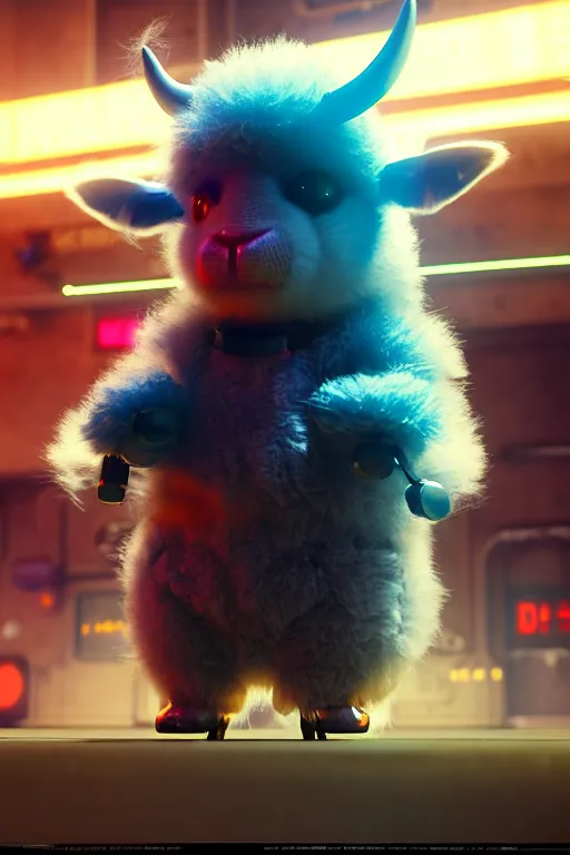 Image similar to high quality 3 d render very cute neuromancer fluffy! cyborg cow playing! drums!!, highly detailed, unreal engine cinematic smooth, in the style of blade runner & detective pikachu, hannah yata charlie immer, moody light, low angle, uhd 8 k, sharp focus