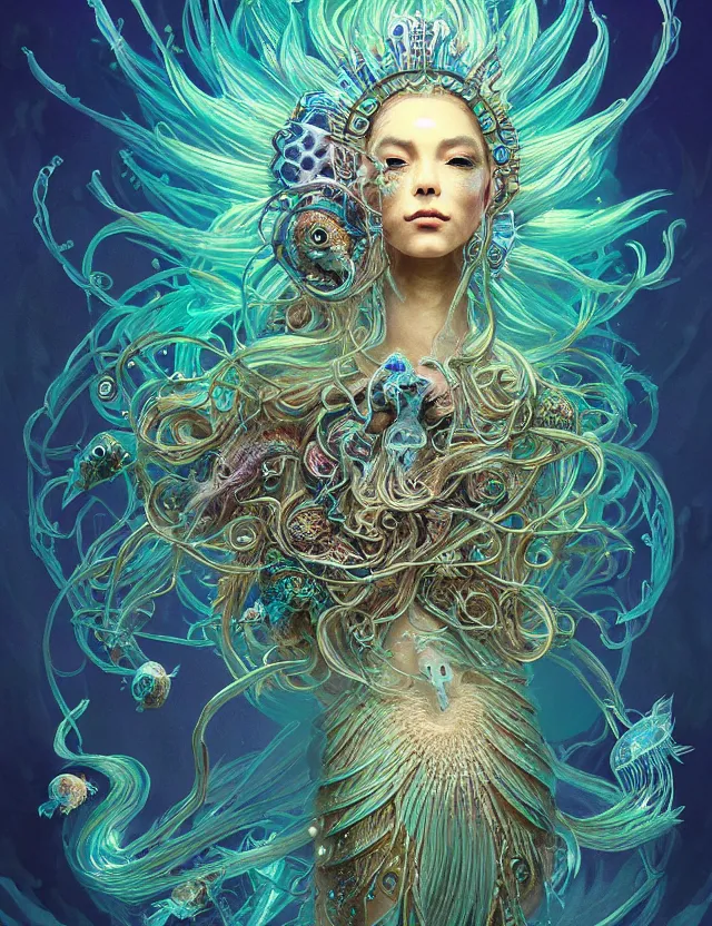 Image similar to goddess macro shouler portrait from bottom to top in crown made of ram skull. betta fish, jellyfish phoenix, bioluminiscent, plasma, ice, water, wind, creature, super intricate ornaments artwork by tooth wu and wlop and anato finnstark and greg rutkowski
