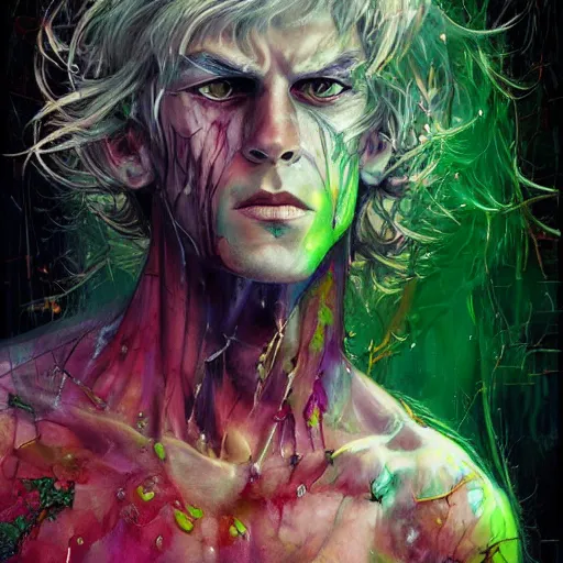 Prompt: a Demon Slayer portrait of Micheal Ward, tall, pale-skinned, slender with lime green eyes and long eyelashes by Stanley Artgerm, Tom Bagshaw, Arthur Adams, Carne Griffiths, trending on Deviant Art, street art, face enhance, chillwave, maximalist, full of color, glittering