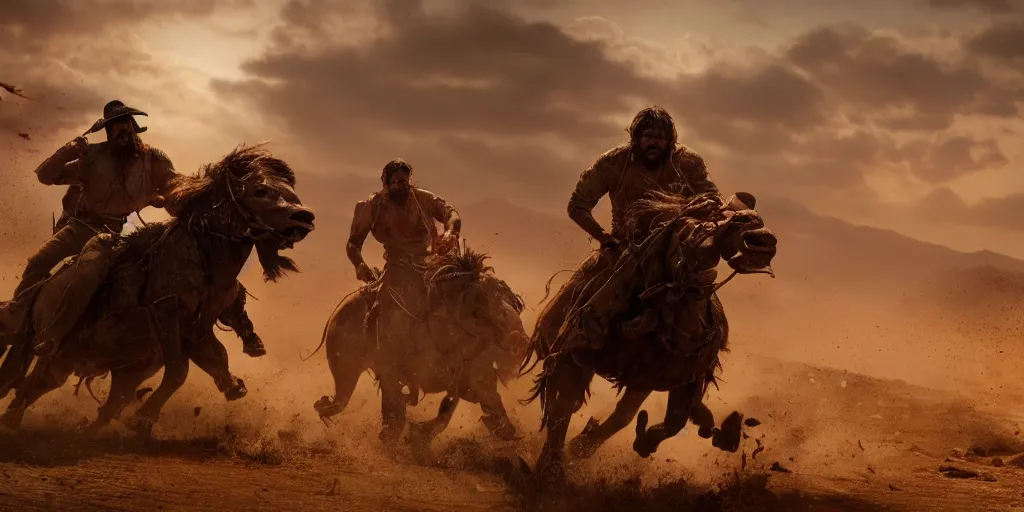 Image similar to indian on ancient atv attacking bufallos, action scene, an epic western, dramatic lighting, cinematic, establishing shot, extremely high detail, photorealistic, cinematic lighting, artstation, octane render, old photo, buffalo hunt movie, alpha movie, western