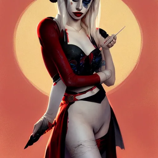 Image similar to Beautiful Emma Roberts as Harley Quinn, western, D&D, fantasy, intricate, elegant, highly detailed, digital painting, artstation, concept art, matte, sharp focus, illustration, art by Artgerm and Greg Rutkowski and Alphonse Mucha