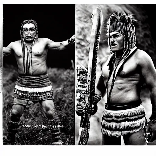 Image similar to Maori warrior during ancient extreme sports by david lachapelle, old photo, black and white, vintage