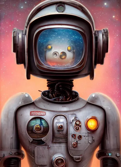 Image similar to highly detailed closeup, portrait of a retro robot deep space explorer, unreal engine, nicoletta ceccoli, mark ryden, earl norem, lostfish, global illumination, detailed and intricate environment