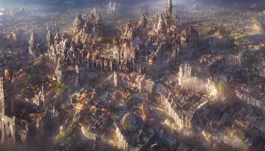 Image similar to fantacy city with a castle, aerial photography, concept art, by artgerm and greg rutkowski, detailed textures