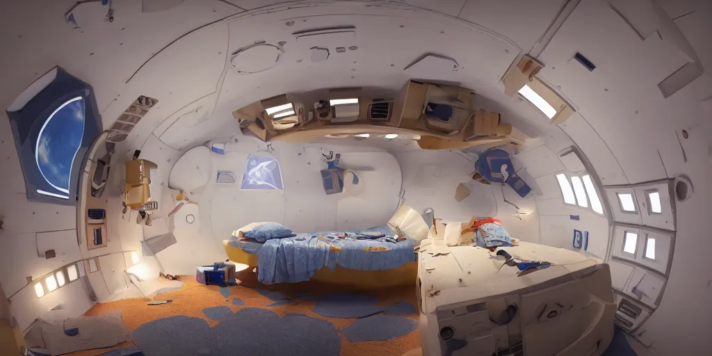 Prompt: Room of a spacecraft, with a bunk bed, Dark and light mixture, Light light atmosphere, soft light, warm tones, lights, gloom and lights, warm tones, warm colors, photo realistic, playing, CGI, Unreal Engine, Hdri