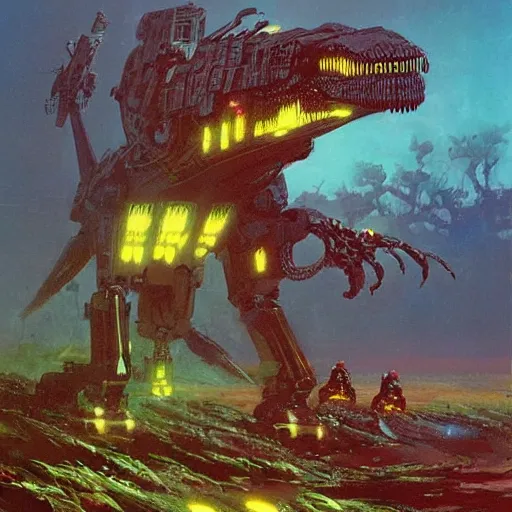 Image similar to a large anthropomorphic t - rex shaped mecha by paul lehr and moebius