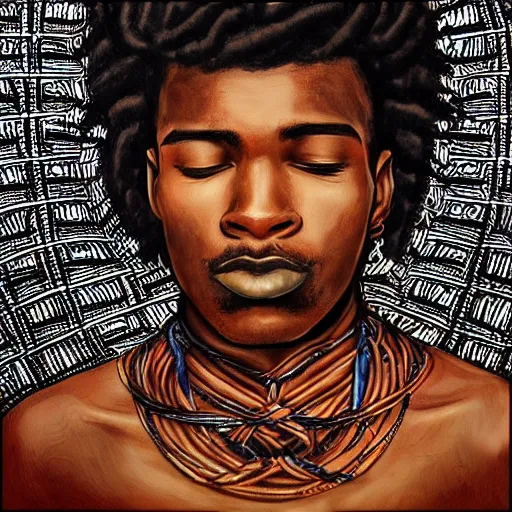 Image similar to contemplative black man with twists, beautiful, intricate details, east african, art by jose miguel