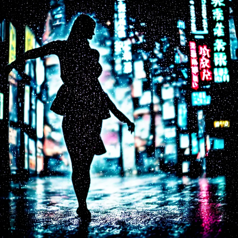 Prompt: a photo close up cyberpunk woman dancing in the rain, cyberpunk hiroshima, prefecture streets, midnight, photorealistic, cinematic lighting, highly detailed, bokeh, style by tomino - sama