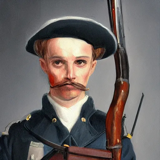 Image similar to a portrait painting of a cat in military uniform holding a musket at its side , artstation, artsy, highly details