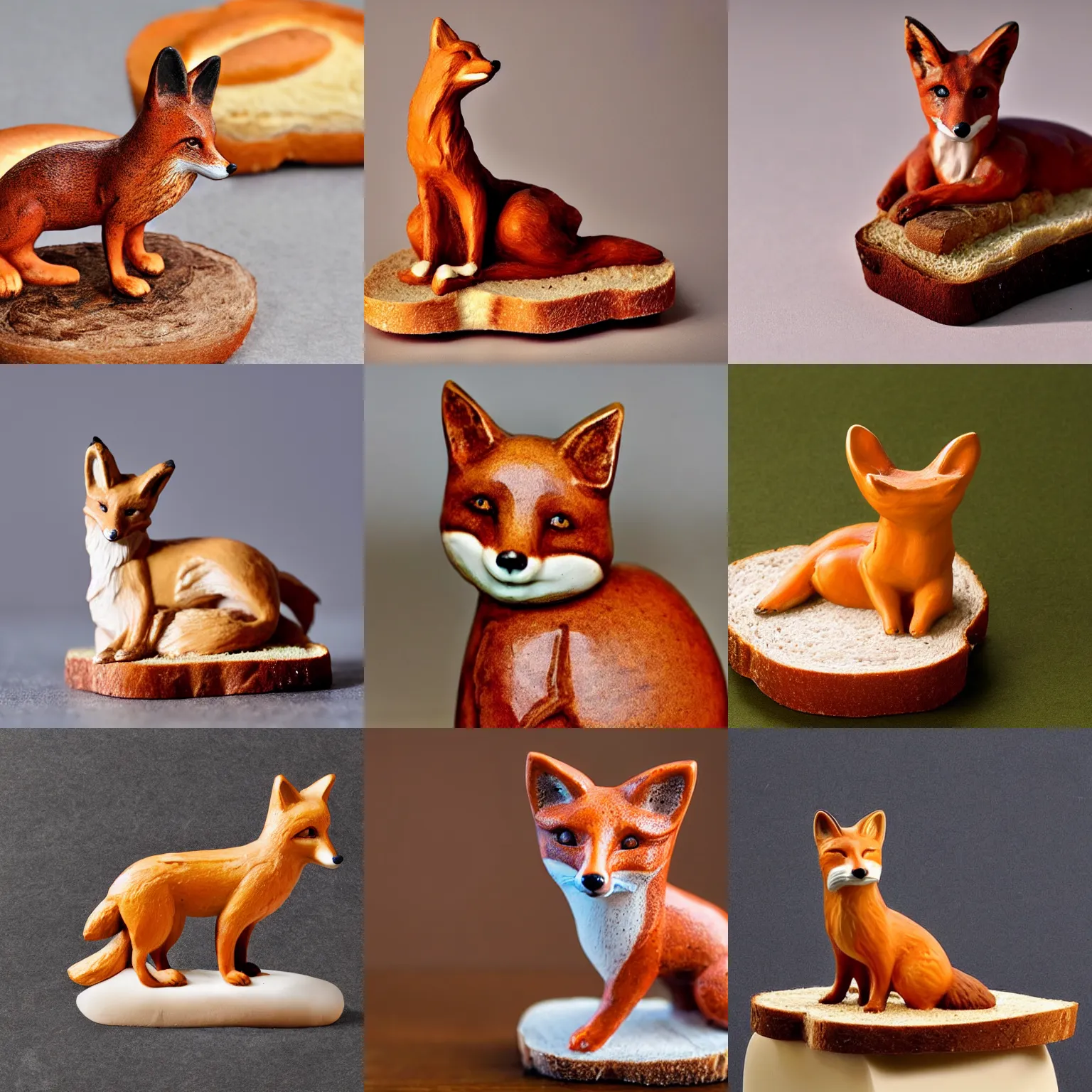 Prompt: A ceramic statuette of a fox on a piece of bread. solid Background.