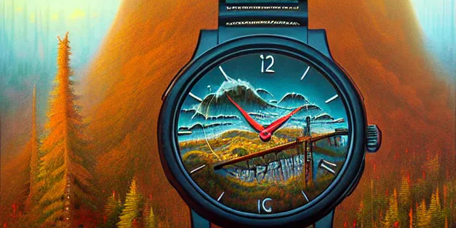 Image similar to painting hyperdetailed watch face by dan seagrave and tomasz alen kopera and simon stahlenhag